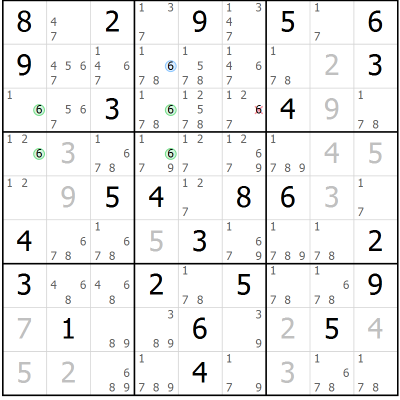 Position des candidats pour la solution de la Gr 36 page 39 du magazine de sudoku Sudoku Suprême n° 041