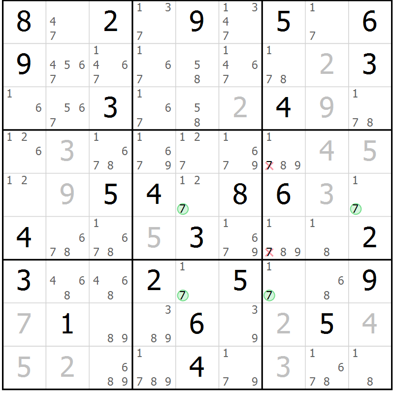 Position des candidats pour la solution de la Gr 36 page 39 du magazine de sudoku Sudoku Suprême n° 041