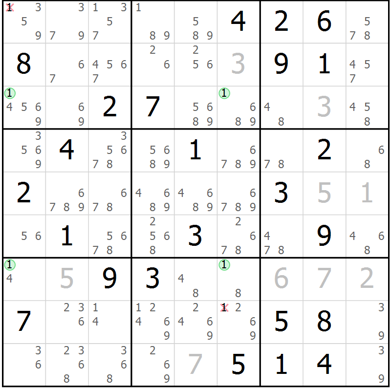 Position des candidats pour la solution de la Gr 42 page 45 du magazine de sudoku Sudoku Suprême n° 041