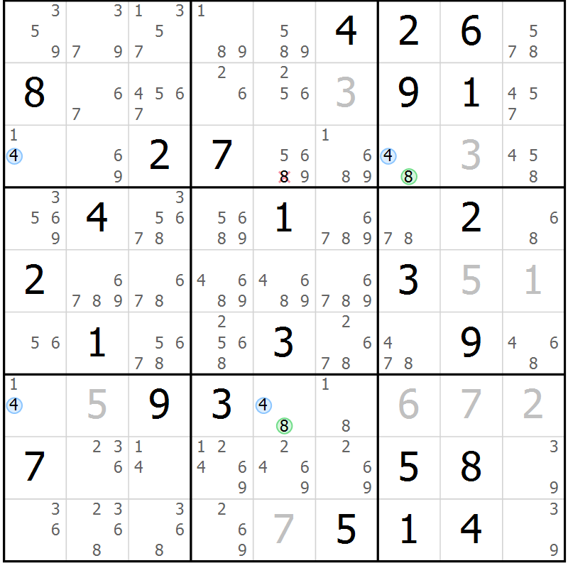 Position des candidats pour la solution de la Gr 42 page 45 du magazine de sudoku Sudoku Suprême n° 041