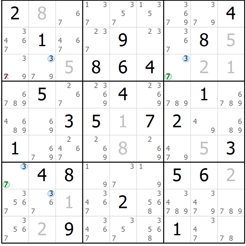 Position des candidats pour la solution de la Gr 43 page 46 du magazine de sudoku Sudoku Suprême n° 041