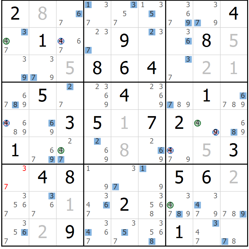 Position des candidats pour la solution de la Gr 43 page 46 du magazine de sudoku Sudoku Suprême n° 041