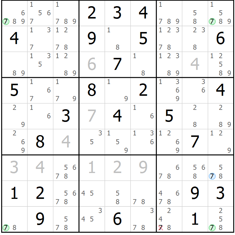 Position des candidats pour la solution de la Gr 46 page 49 du magazine de sudoku Sudoku Suprême n° 041