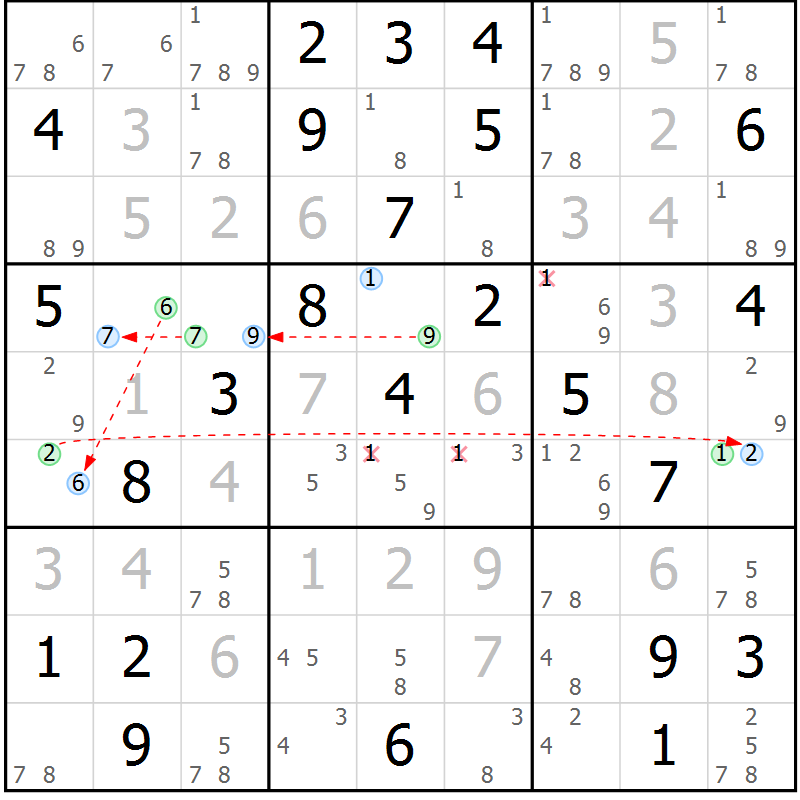 Position des candidats pour la solution de la Gr 46 page 49 du magazine de sudoku Sudoku Suprême n° 041