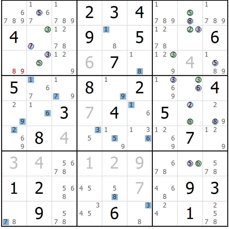 Position des candidats pour la solution de la Gr 46 page 49 du magazine de sudoku Sudoku Suprême n° 041