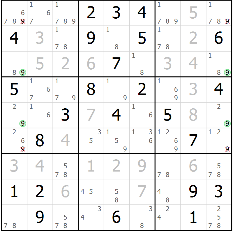 Position des candidats pour la solution de la Gr 46 page 49 du magazine de sudoku Sudoku Suprême n° 041