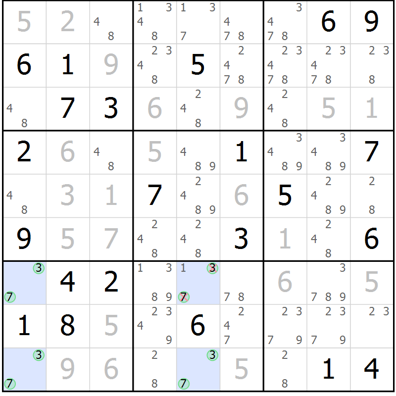 Position des candidats pour la solution de la Gr 5 page 8 du magazine de sudoku Sudoku Suprême n° 041