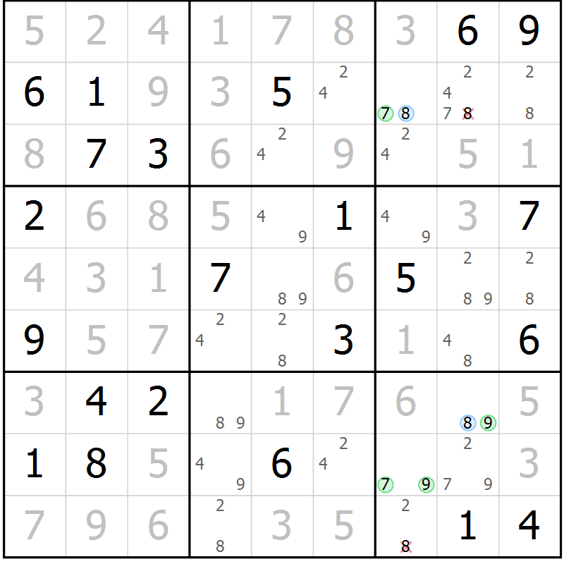 Position des candidats pour la solution de la Gr 5 page 8 du magazine de sudoku Sudoku Suprême n° 041