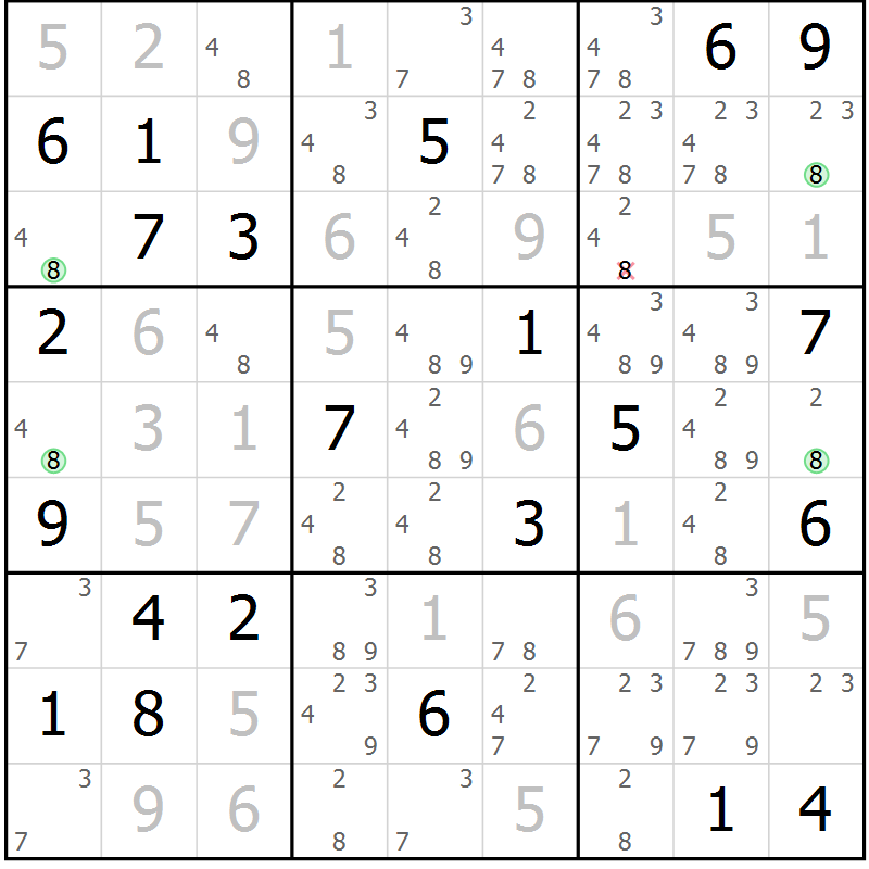 Position des candidats pour la solution de la Gr 5 page 8 du magazine de sudoku Sudoku Suprême n° 041