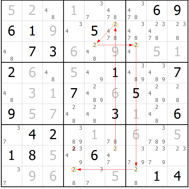 Position des candidats pour la solution de la Gr 5 page 8 du magazine de sudoku Sudoku Suprême n° 041