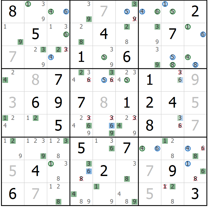 Position des candidats pour la solution de la Gr 50 page 53 du magazine de sudoku Sudoku Suprême n° 041