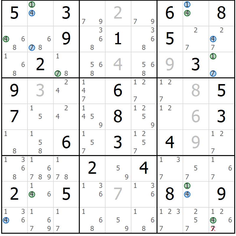 Position des candidats pour la solution de la Gr 51 page 54 du magazine de sudoku Sudoku Suprême n° 041