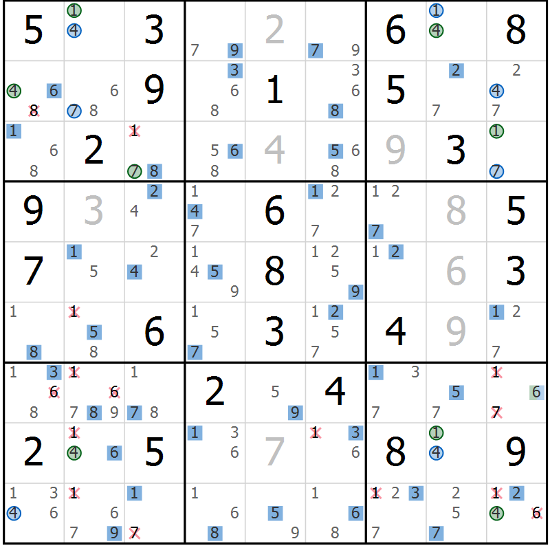 Position des candidats pour la solution de la Gr 51 page 54 du magazine de sudoku Sudoku Suprême n° 041