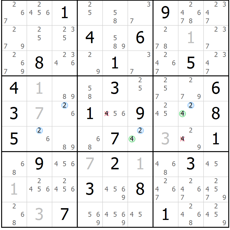 Position des candidats pour la solution de la Gr 54 page 57 du magazine de sudoku Sudoku Suprême n° 041