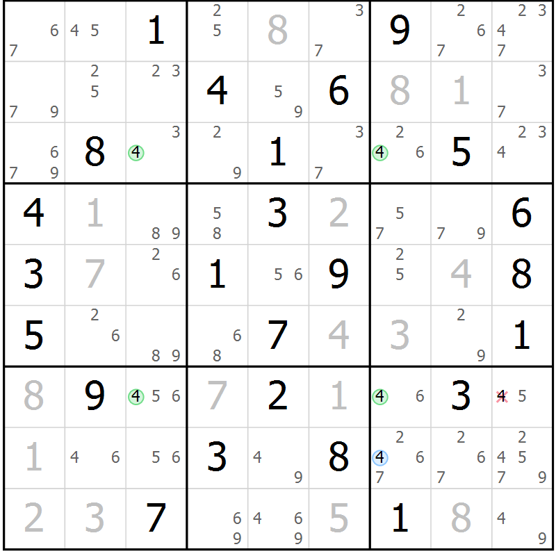 Position des candidats pour la solution de la Gr 54 page 57 du magazine de sudoku Sudoku Suprême n° 041
