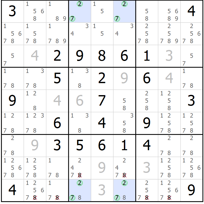 Position des candidats pour la solution de la Gr 55 page 58 du magazine de sudoku Sudoku Suprême n° 041