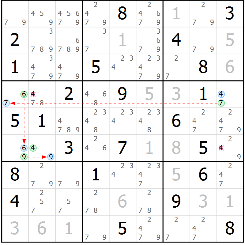 Position des candidats pour la solution de la Gr 56 page 59 du magazine de sudoku Sudoku Suprême n° 041