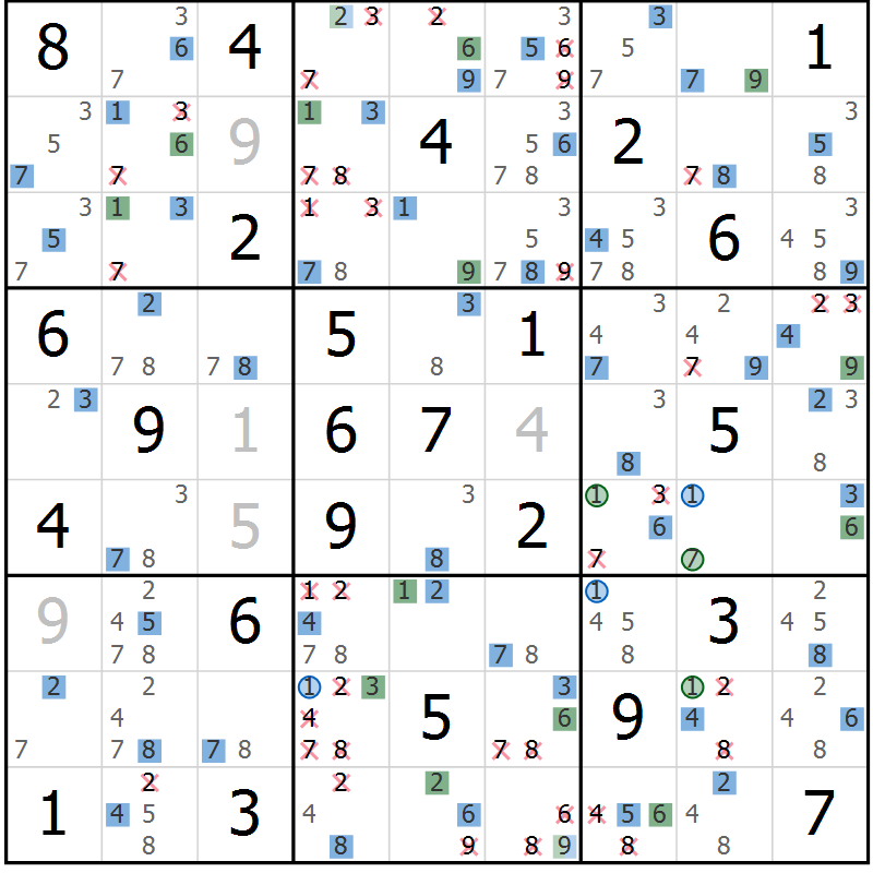 Position des candidats pour la solution de la Gr 57 page 60 du magazine de sudoku Sudoku Suprême n° 041