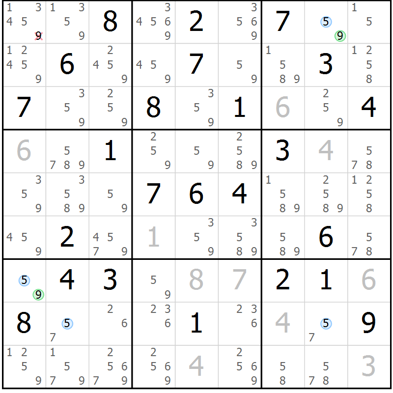 Position des candidats pour la solution de la Gr 58 page 61 du magazine de sudoku Sudoku Suprême n° 041