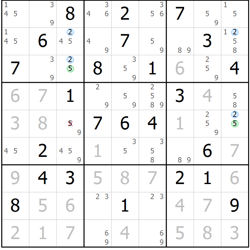 Position des candidats pour la solution de la Gr 58 page 61 du magazine de sudoku Sudoku Suprême n° 041