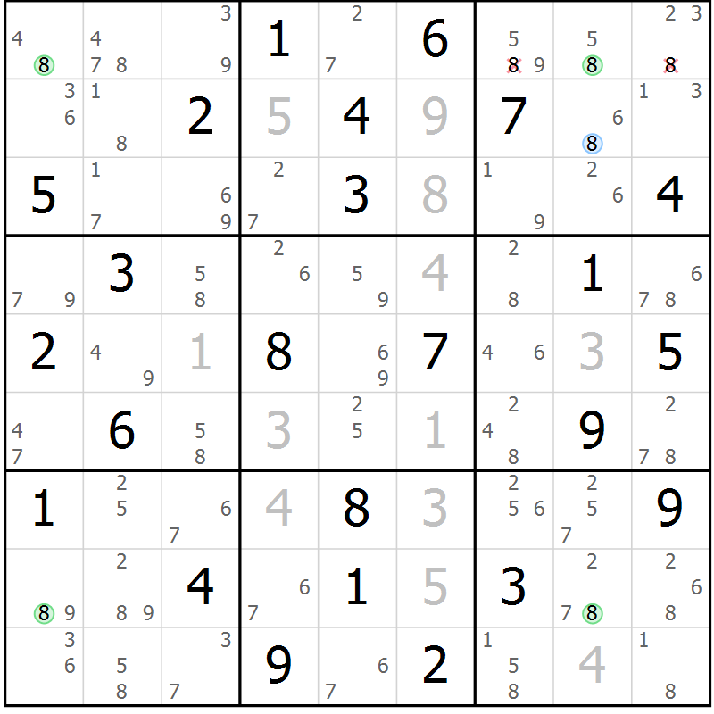 Position des candidats pour la solution de la Gr 59 page 62 du magazine de sudoku Sudoku Suprême n° 041