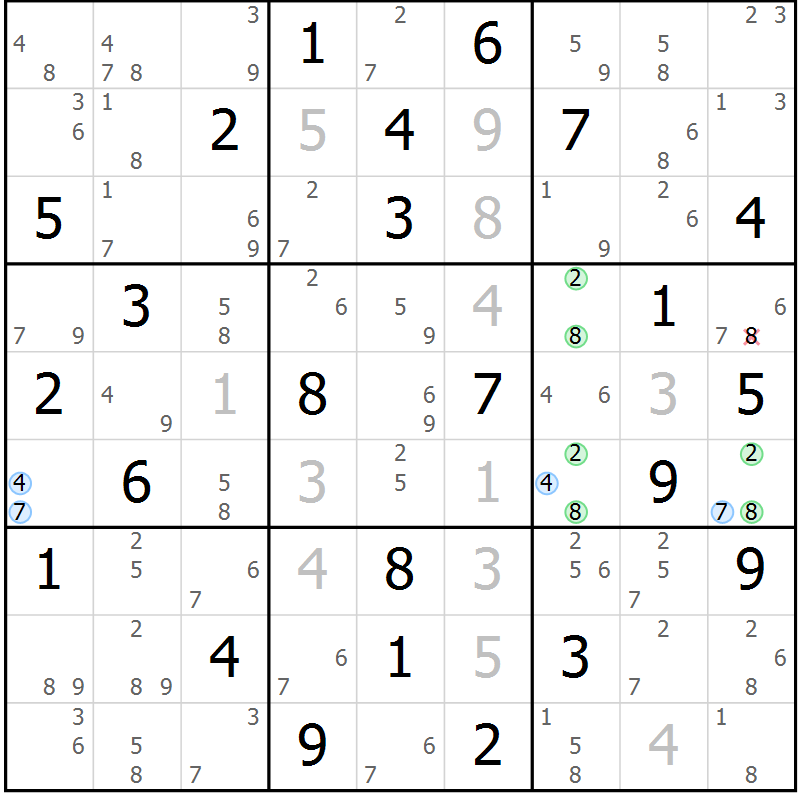 Position des candidats pour la solution de la Gr 59 page 62 du magazine de sudoku Sudoku Suprême n° 041