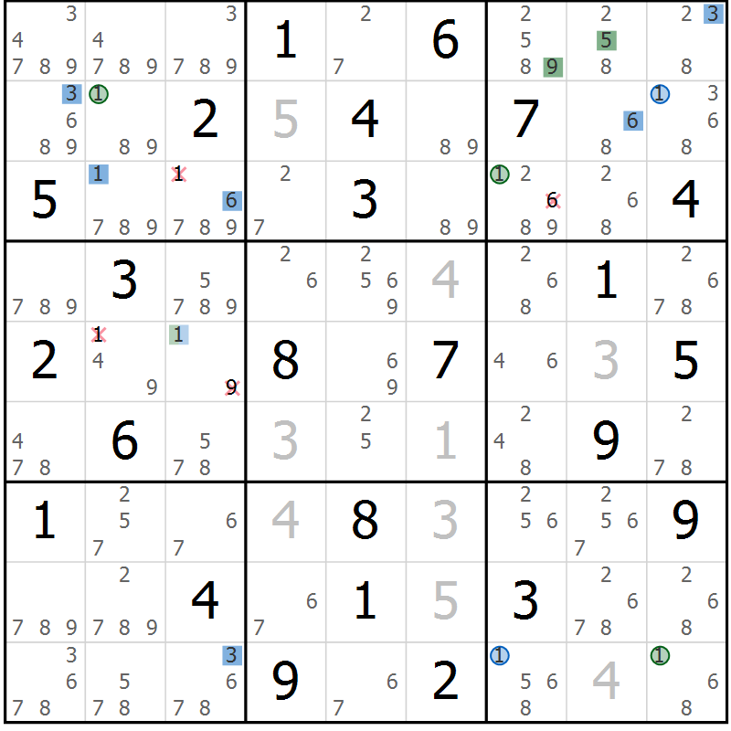 Position des candidats pour la solution de la Gr 59 page 62 du magazine de sudoku Sudoku Suprême n° 041
