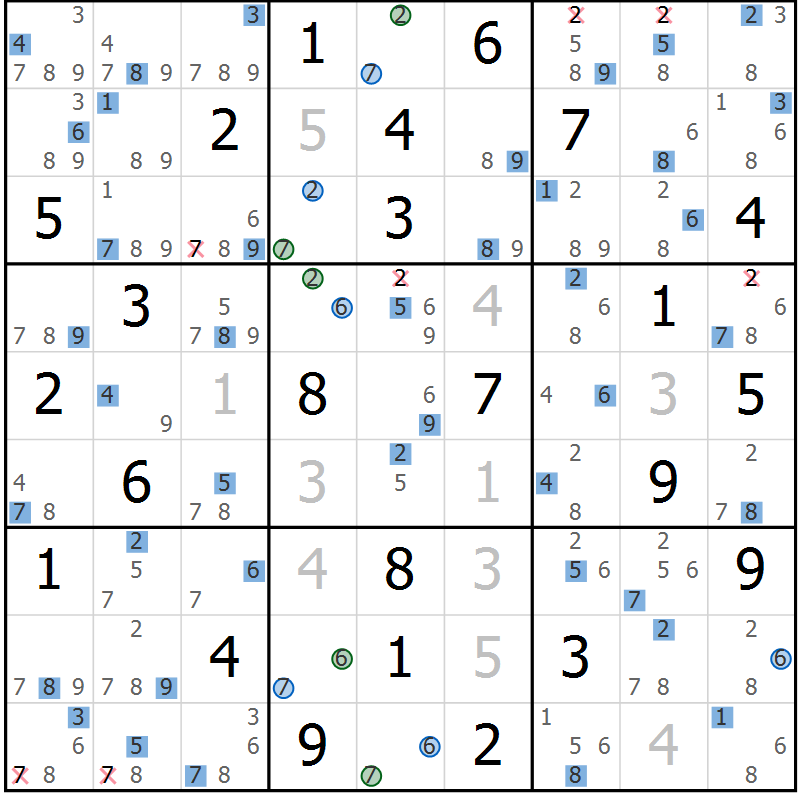 Position des candidats pour la solution de la Gr 59 page 62 du magazine de sudoku Sudoku Suprême n° 041