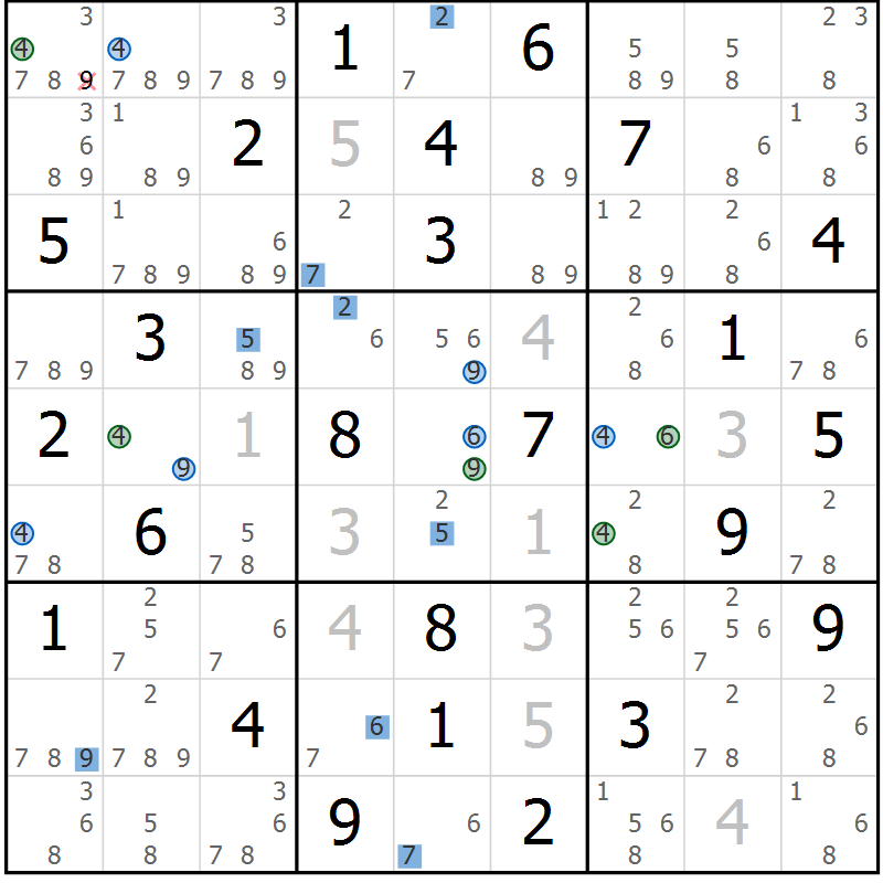 Position des candidats pour la solution de la Gr 59 page 62 du magazine de sudoku Sudoku Suprême n° 041