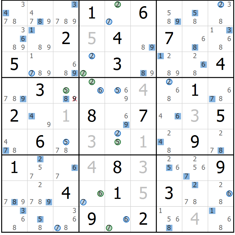 Position des candidats pour la solution de la Gr 59 page 62 du magazine de sudoku Sudoku Suprême n° 041