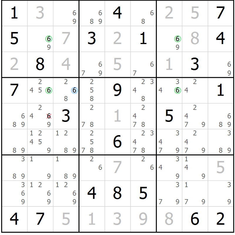 Position des candidats pour la solution de la Gr 6 page 9 du magazine de sudoku Sudoku Suprême n° 041