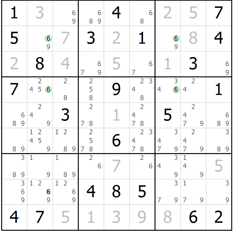Position des candidats pour la solution de la Gr 6 page 9 du magazine de sudoku Sudoku Suprême n° 041
