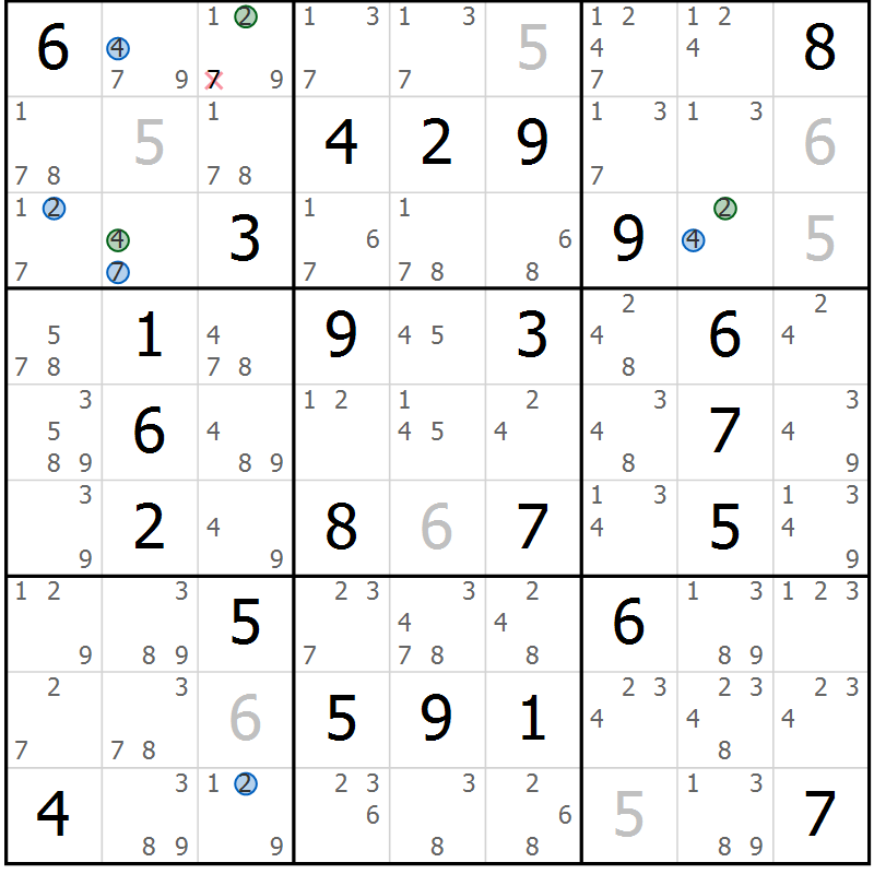 Position des candidats pour la solution de la Gr 62 page 65 du magazine de sudoku Sudoku Suprême n° 041
