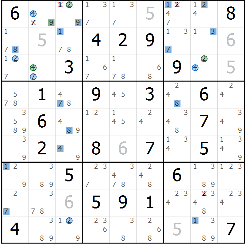 Position des candidats pour la solution de la Gr 62 page 65 du magazine de sudoku Sudoku Suprême n° 041