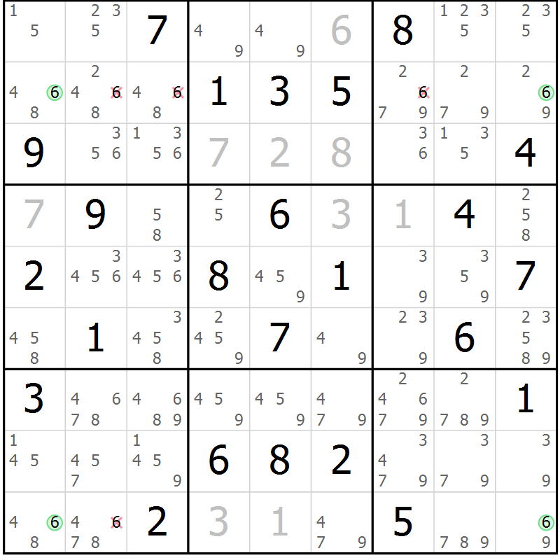 Position des candidats pour la solution de la Gr 66 page 69 du magazine de sudoku Sudoku Suprême n° 041