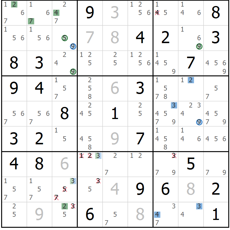 Position des candidats pour la solution de la Gr 67 page 70 du magazine de sudoku Sudoku Suprême n° 041