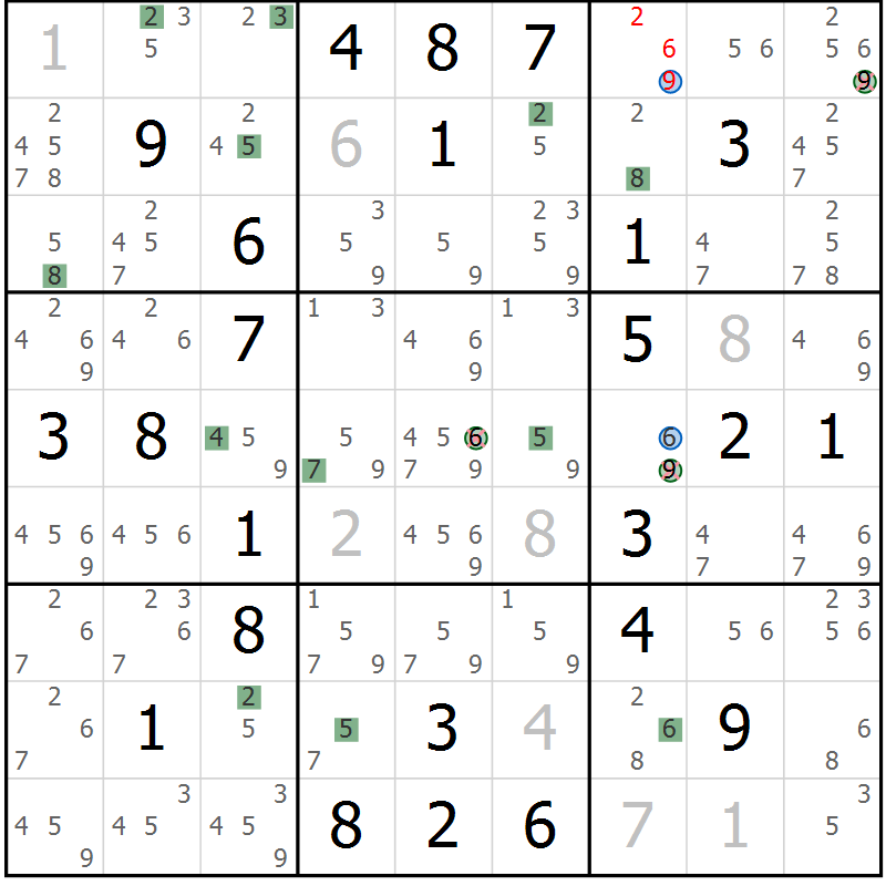 Position des candidats pour la solution de la Gr 68 page 71 du magazine de sudoku Sudoku Suprême n° 041