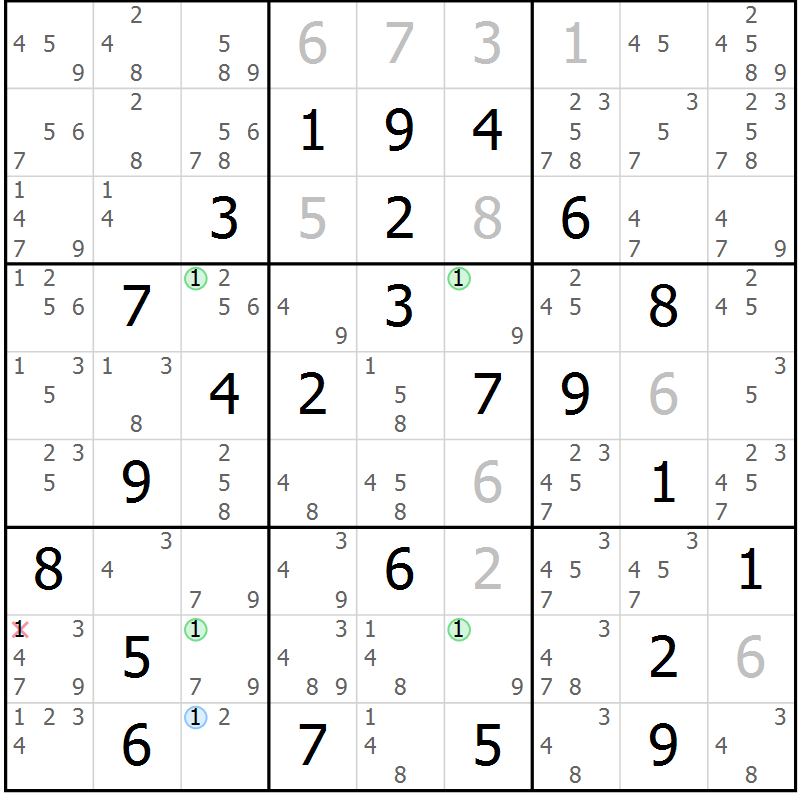 Position des candidats pour la solution de la Gr 69 page 72 du magazine de sudoku Sudoku Suprême n° 041