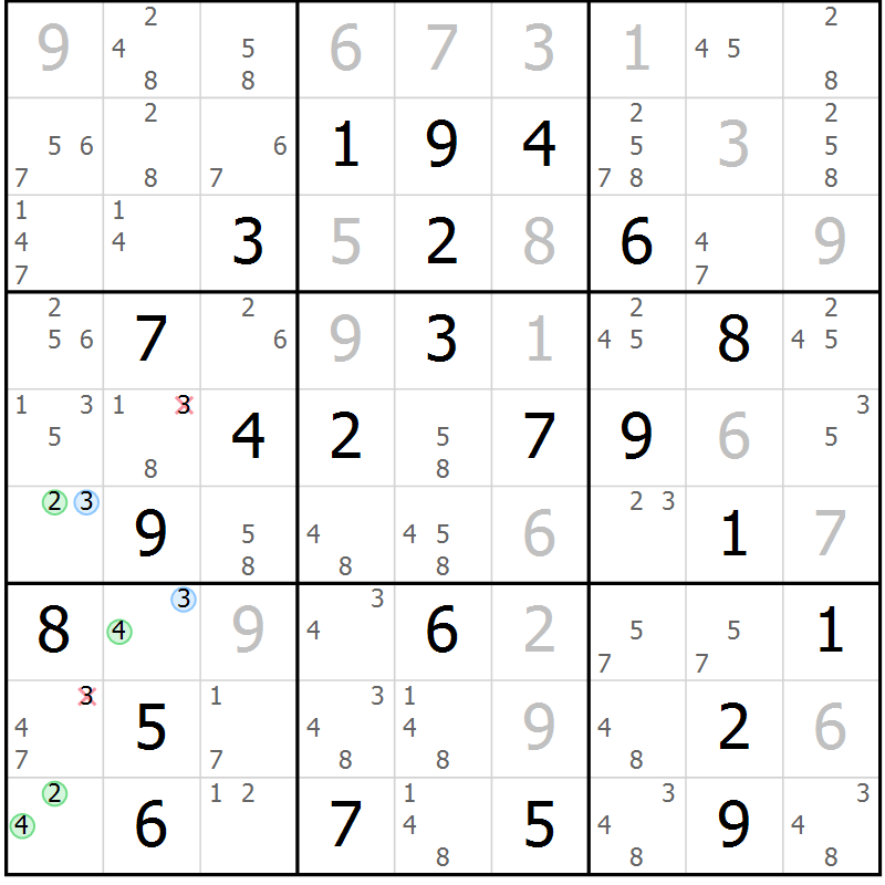 Position des candidats pour la solution de la Gr 69 page 72 du magazine de sudoku Sudoku Suprême n° 041