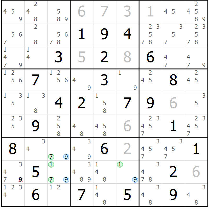 Position des candidats pour la solution de la Gr 69 page 72 du magazine de sudoku Sudoku Suprême n° 041