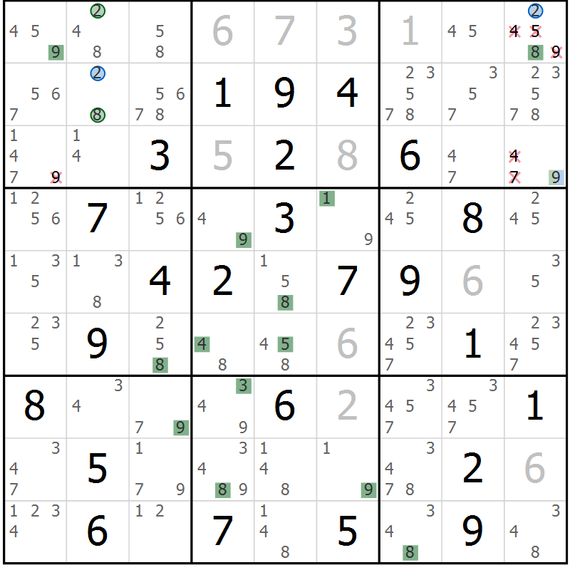 Position des candidats pour la solution de la Gr 69 page 72 du magazine de sudoku Sudoku Suprême n° 041