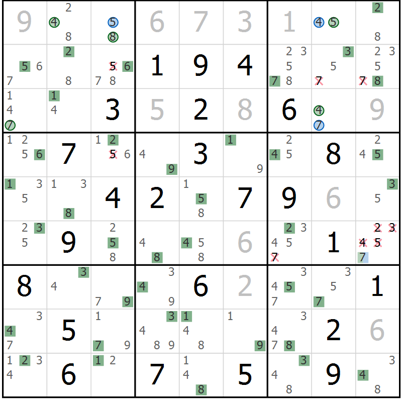 Position des candidats pour la solution de la Gr 69 page 72 du magazine de sudoku Sudoku Suprême n° 041