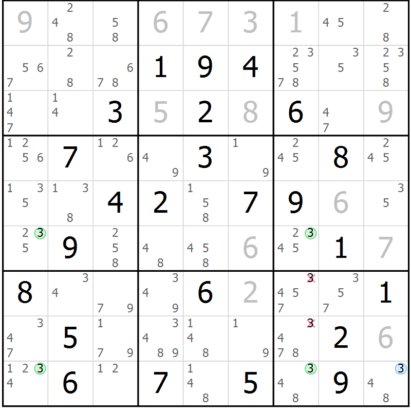 Position des candidats pour la solution de la Gr 69 page 72 du magazine de sudoku Sudoku Suprême n° 041