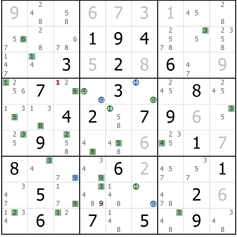 Position des candidats pour la solution de la Gr 69 page 72 du magazine de sudoku Sudoku Suprême n° 041