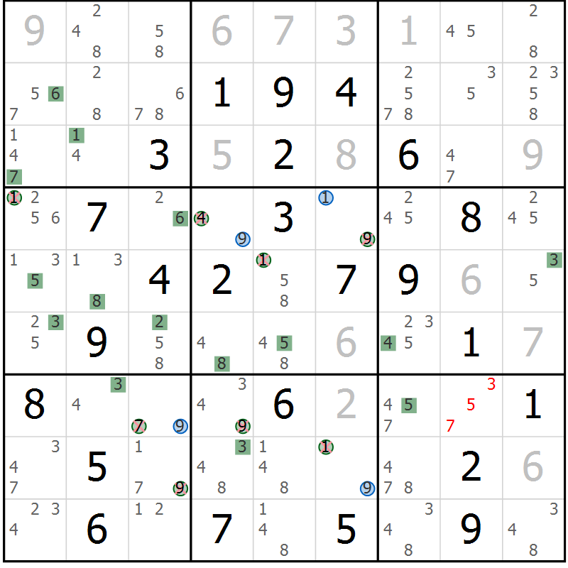 Position des candidats pour la solution de la Gr 69 page 72 du magazine de sudoku Sudoku Suprême n° 041