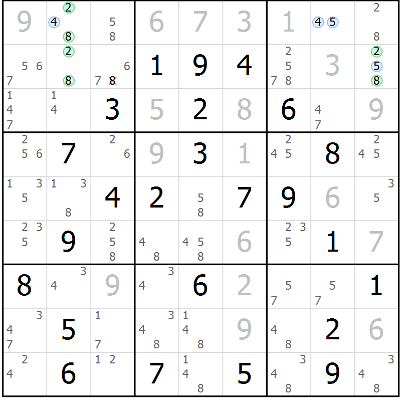 Position des candidats pour la solution de la Gr 69 page 72 du magazine de sudoku Sudoku Suprême n° 041