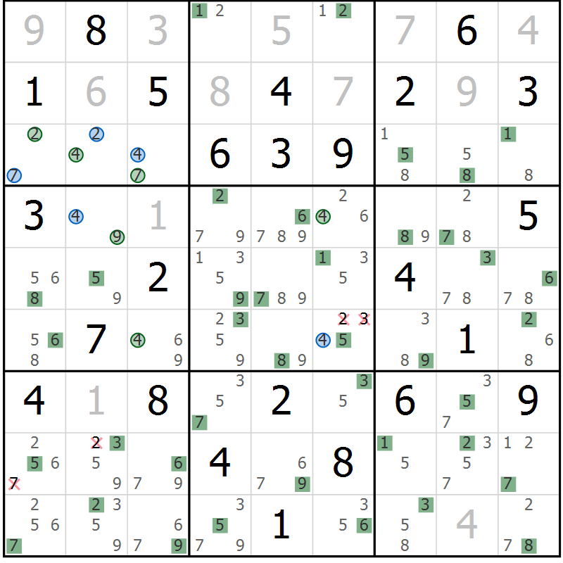 Position des candidats pour la solution de la Gr 74 page 77 du magazine de sudoku Sudoku Suprême n° 041