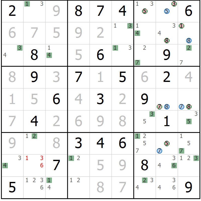 Position des candidats pour la solution de la Gr 76 page 79 du magazine de sudoku Sudoku Suprême n° 041