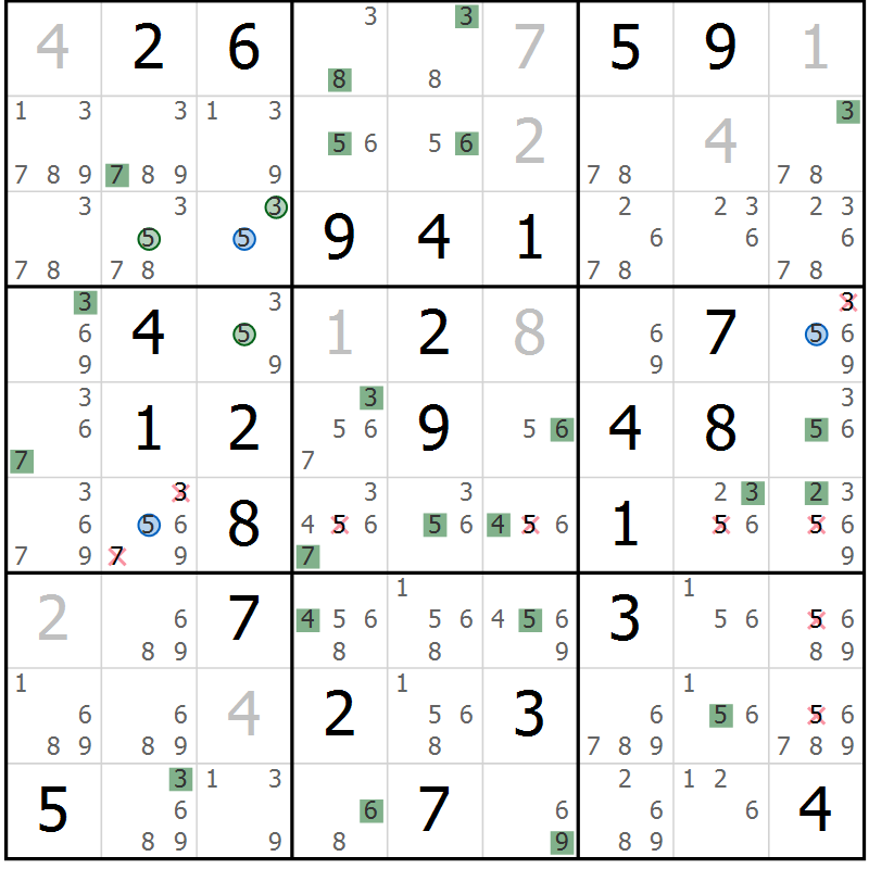 Position des candidats pour la solution de la Gr 78 page 81 du magazine de sudoku Sudoku Suprême n° 041