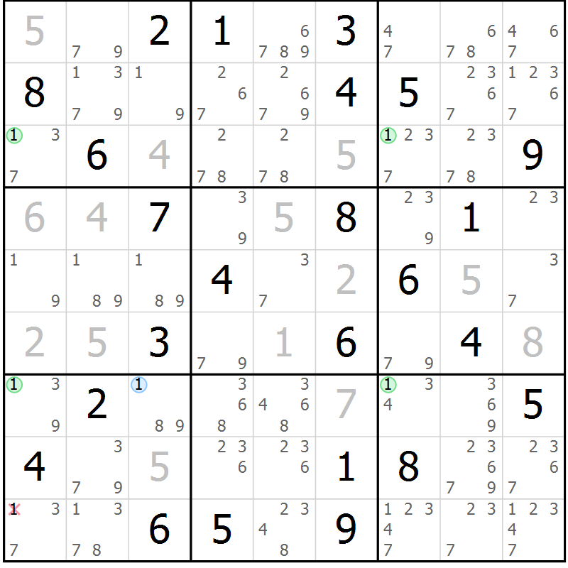 Position des candidats pour la solution de la Gr 79 page 82 du magazine de sudoku Sudoku Suprême n° 041